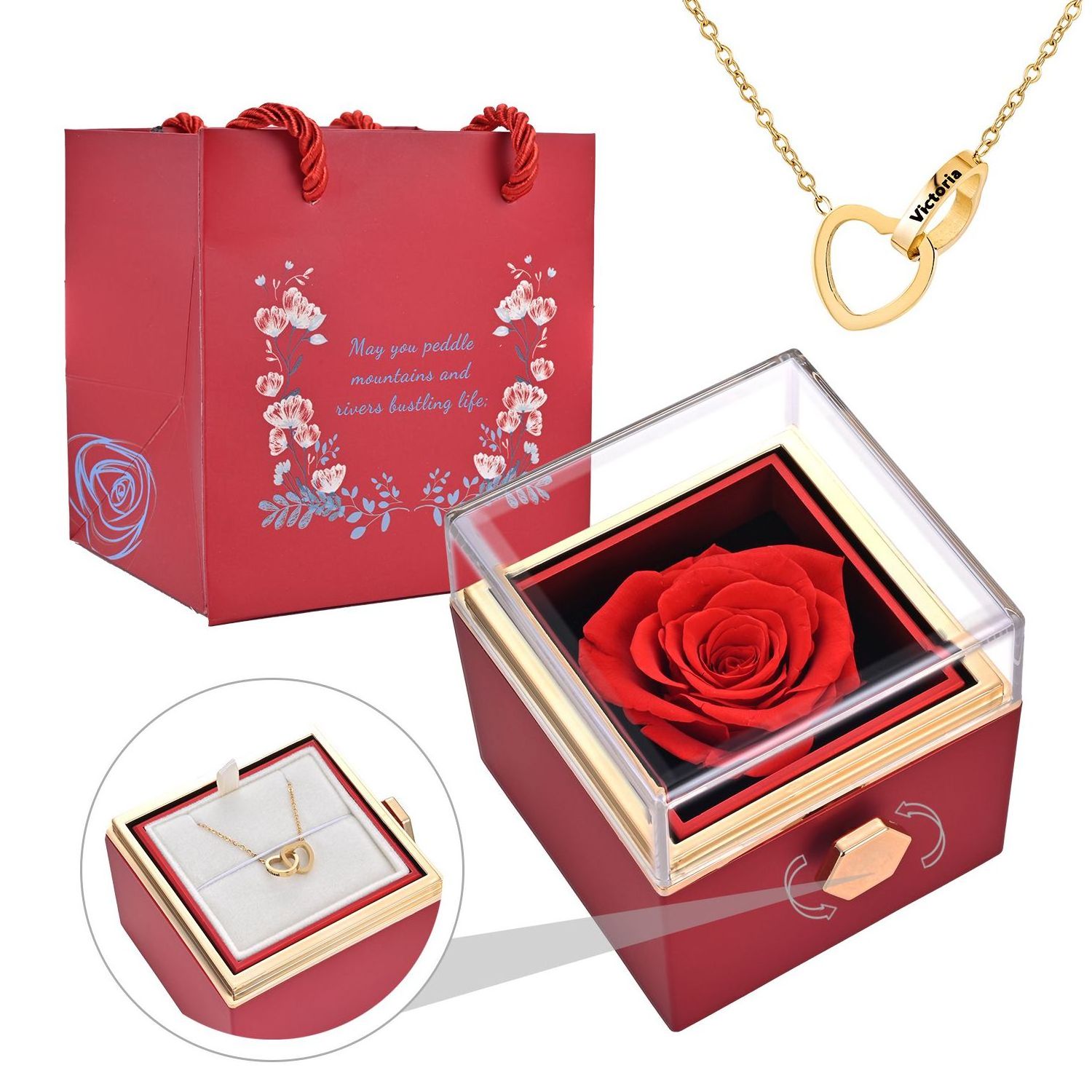 Hot Sell Women Engraved Interlocking Heart Necklace Eternal Rose With Necklace Stainless Steel Pendant Chain Necklace For Gift