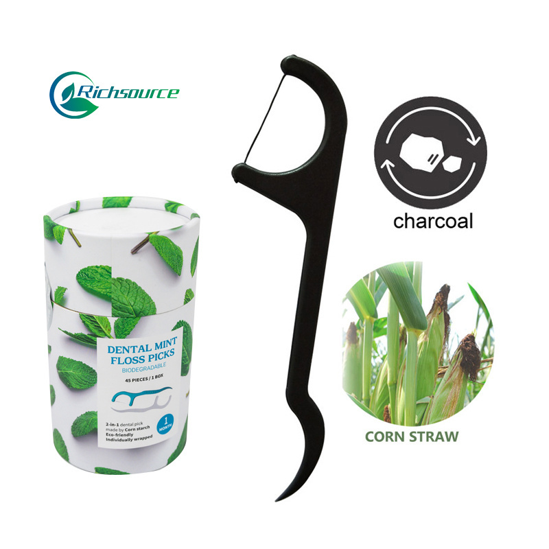 Eco Friendly Teeth Cleaner Natural Black Activated Bamboo Charcoal Flosser Toothpick Dental Floss Pick Placker