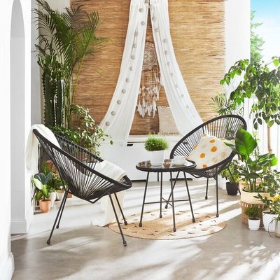 Rattan chair wicker outdoor garden spatio sectional furniture 2 Seating conversation set black 3 piece indoor bistro set