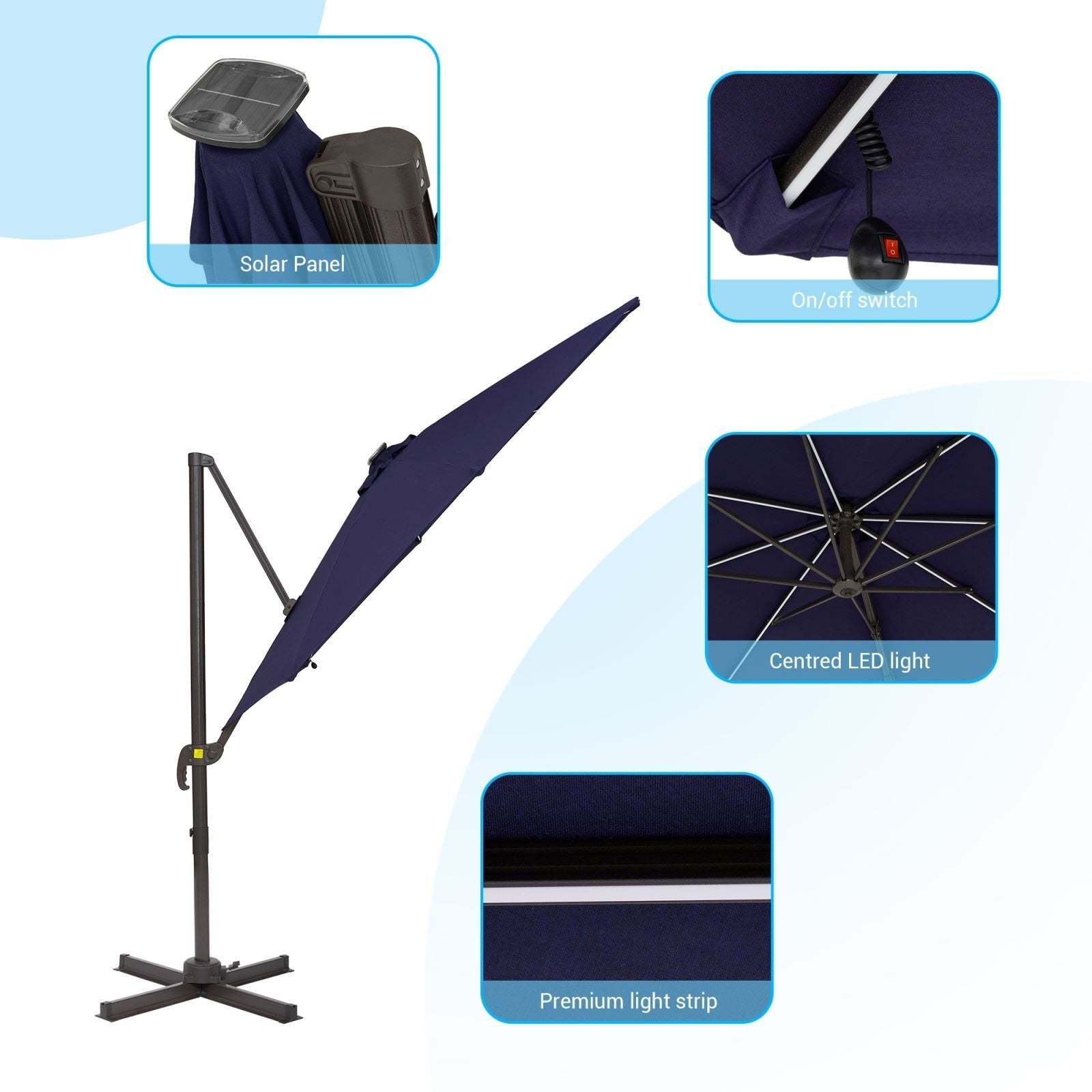 Top Quality Offset patio Umbrella Hanging LED Outdoor offset umbrella solar powered led cantilever patio umbrella