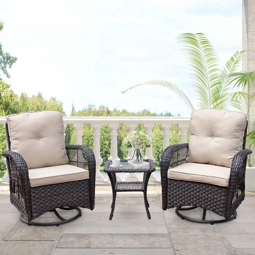 Rattan Patio PE Wicker Furniture Set 3 Pieces Swiveling Outdoor Wicker Rattan Conversation Seat Chair Set