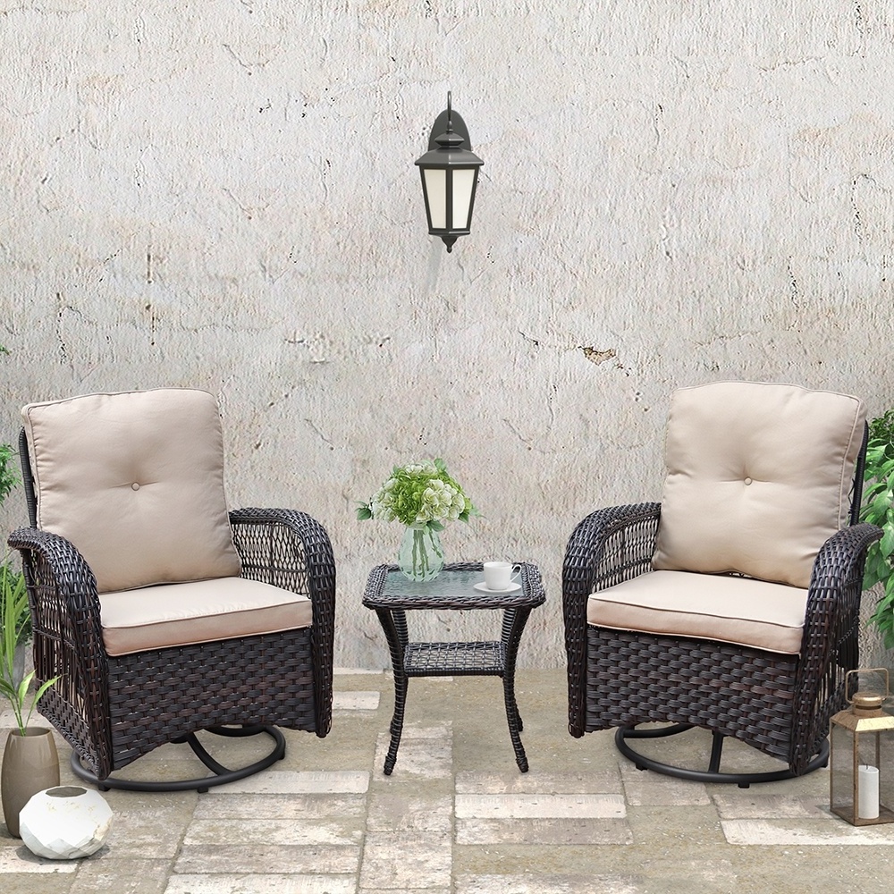 Rattan Patio PE Wicker Furniture Set 3 Pieces Swiveling Outdoor Wicker Rattan Conversation Seat Chair Set