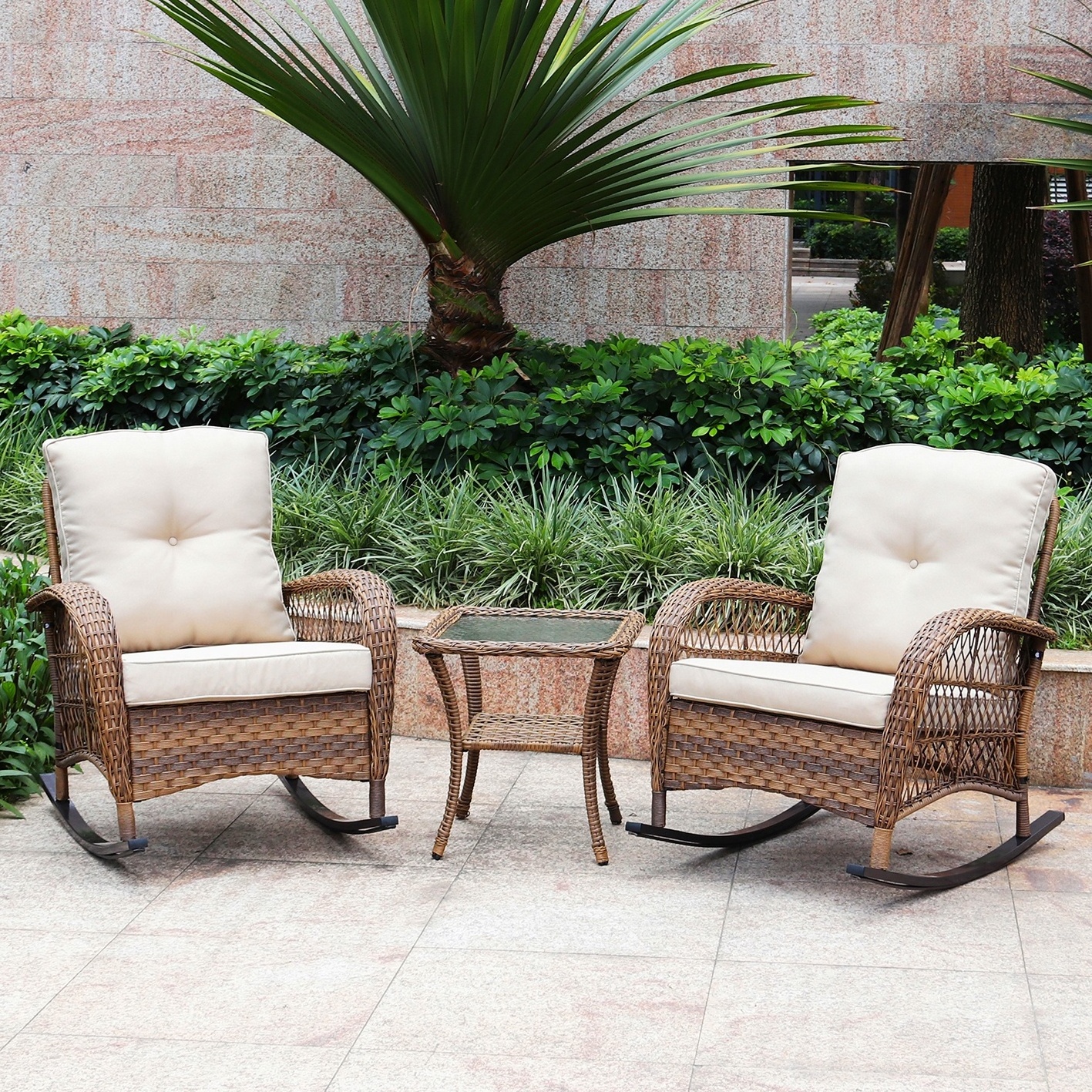 New Design 3PCS Rattan Wicker Furniture Sets Rocking outdoor Garden patio sectional furniture Conversation Furniture