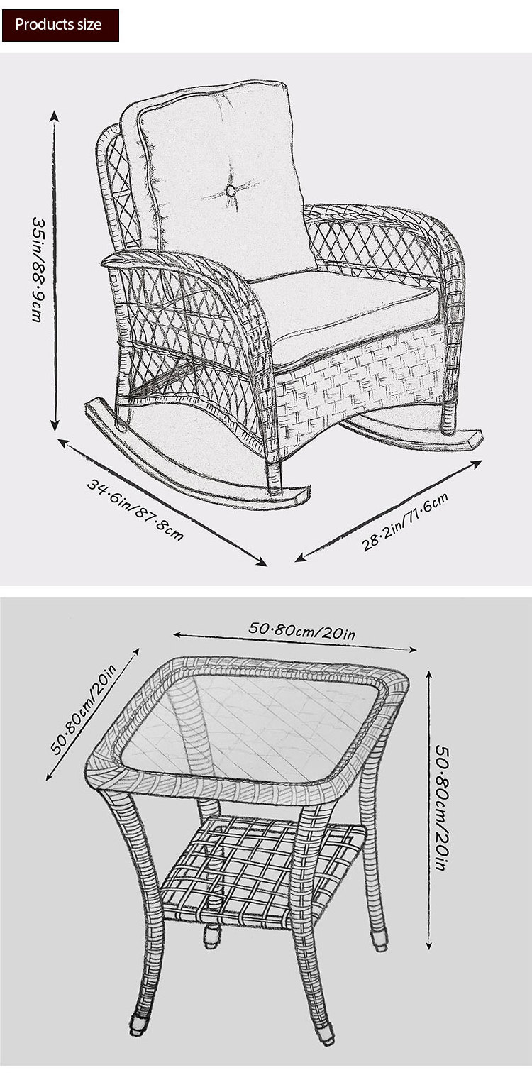 New Design 3PCS Rattan Wicker Furniture Sets Rocking outdoor Garden patio sectional furniture Conversation Furniture