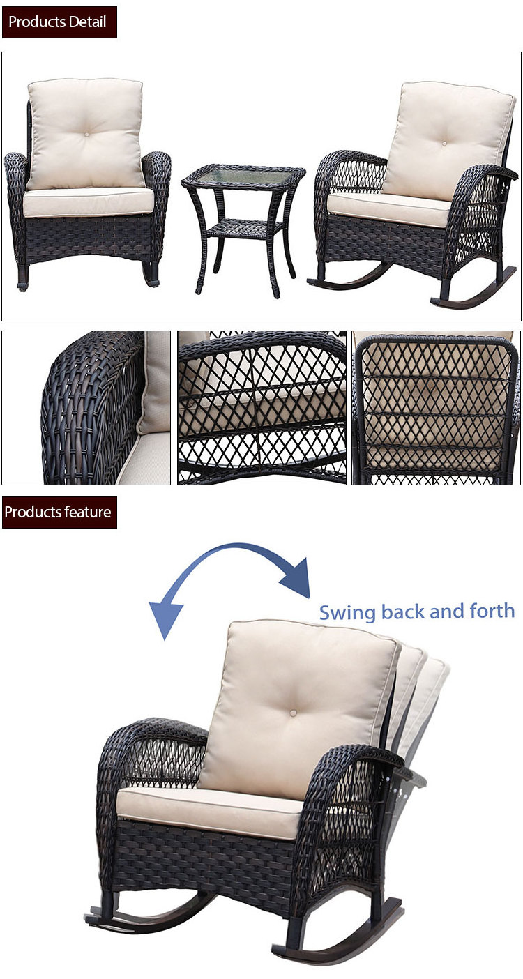 New Design 3PCS Rattan Wicker Furniture Sets Rocking outdoor Garden patio sectional furniture Conversation Furniture