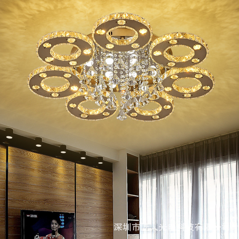 Crystal Chandelier Ceiling Lamp 6 Rings Chrome Finish Modern Flush Mount Ceiling Light Fixtures for Bedroom Living Room Kids