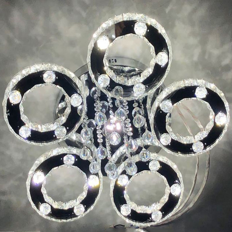 Crystal Chandelier Ceiling Lamp 6 Rings Chrome Finish Modern Flush Mount Ceiling Light Fixtures for Bedroom Living Room Kids