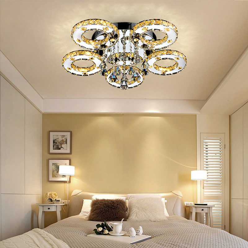 Crystal Chandelier Ceiling Lamp 6 Rings Chrome Finish Modern Flush Mount Ceiling Light Fixtures for Bedroom Living Room Kids