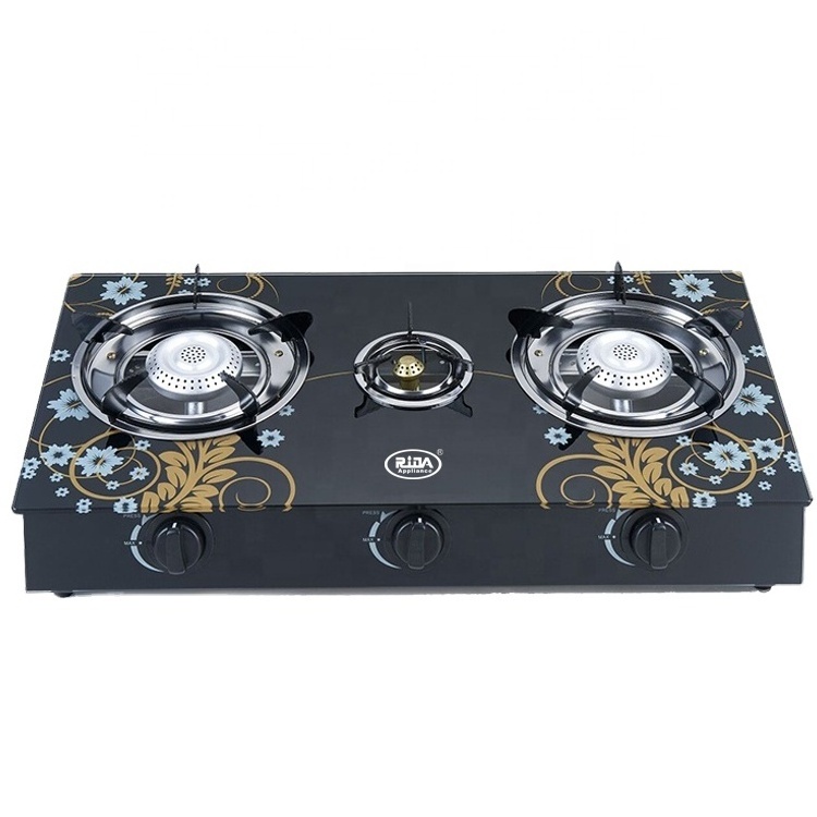 African model central fire with tempered glass style cast iron 2 burner table top gas stove