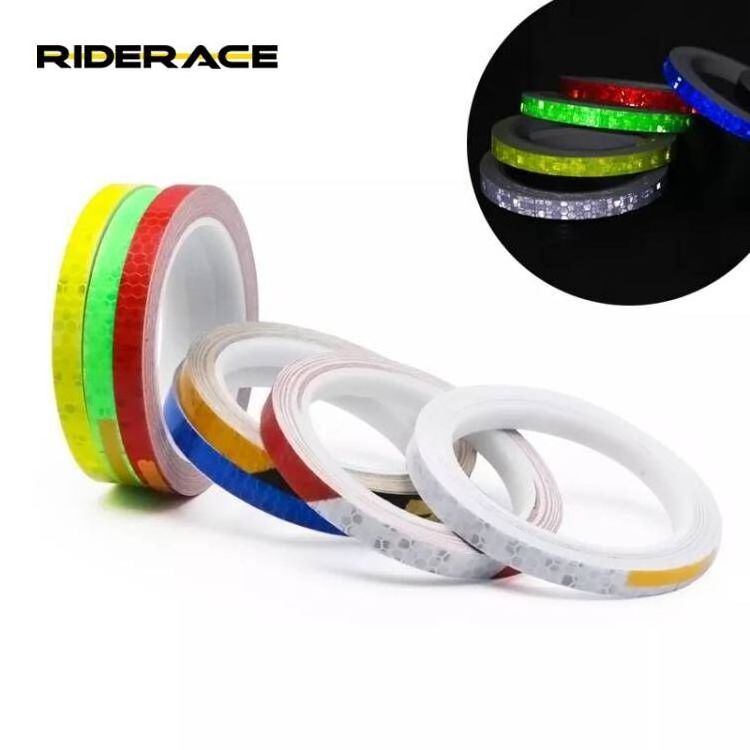 RIDERACE 1cmx8m Bike Fluorescent Reflective Adhesive Tape Bike Reflective Stickers Cycling Body Rim Wheel Stripe Tape Stickers