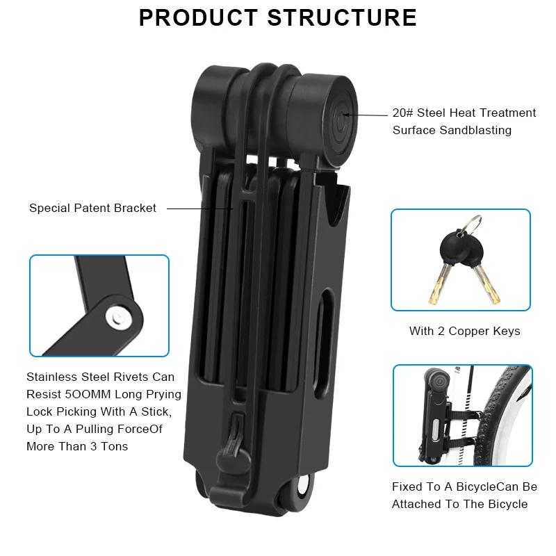 Riderace Foldable Bicycle Lock Alloy Steel High Security  Scooter Electric Bike Chain Lock Portable Professional Strong Lock