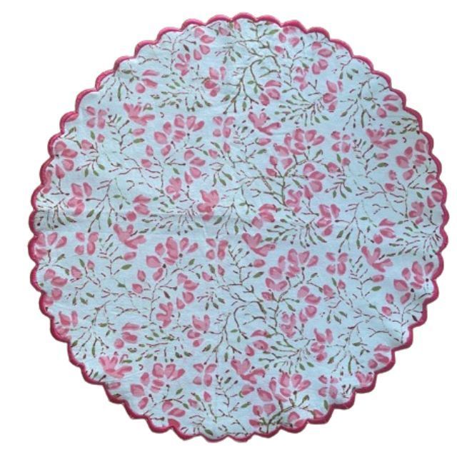 Hot Sales Taffy Pink Pickle Green Hand Block Print Table Mat Embroidery Scallops Table Decor Reusable Mats Dining Table Mats