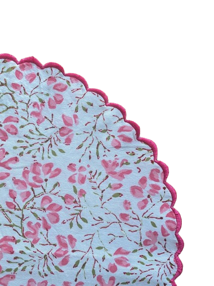 Hot Sales Taffy Pink Pickle Green Hand Block Print Table Mat Embroidery Scallops Table Decor Reusable Mats Dining Table Mats