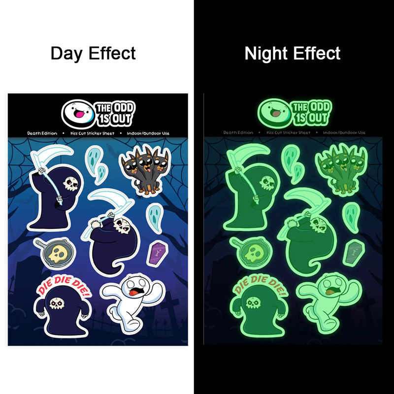 Custom Printed Glow In The Dark Vinyl Sticker Decals Colorful Waterproof Glow In The Dark Die Cut Stickers