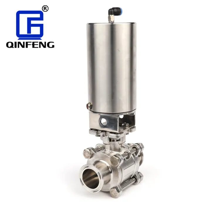 QINFENG Sanitary Stainless Steel SS304 Pneumatic Actuator Vertical Air Tri-Clamp 3PC Ball Valve For Food And Wine