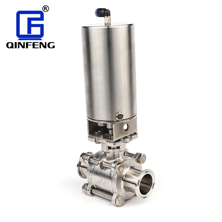 QINFENG Sanitary Stainless Steel SS304 Pneumatic Actuator Vertical Air Tri-Clamp 3PC Ball Valve For Food And Wine