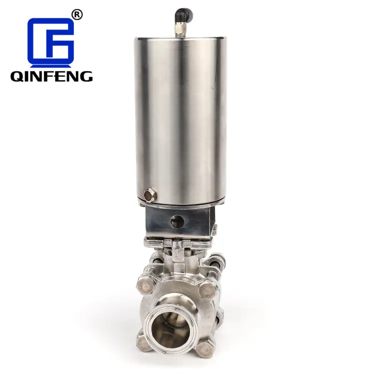 QINFENG Sanitary Stainless Steel SS304 Pneumatic Actuator Vertical Air Tri-Clamp 3PC Ball Valve For Food And Wine