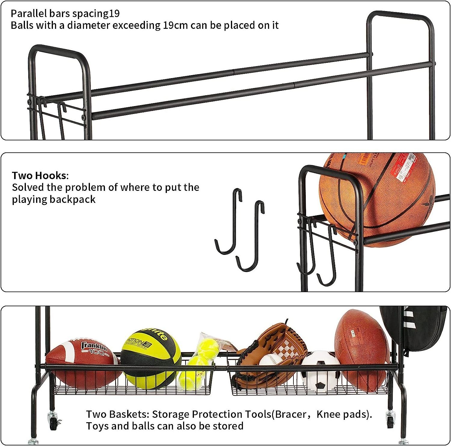 Versatile Balls Racks Organizer 4 Tier Rolling Baseball Cart With Baskets And Hooks Outdoor Holder Sports Vertical Ball Rack