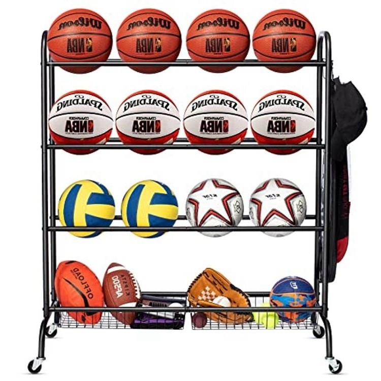 Versatile Balls Racks Organizer 4 Tier Rolling Baseball Cart With Baskets And Hooks Outdoor Holder Sports Vertical Ball Rack