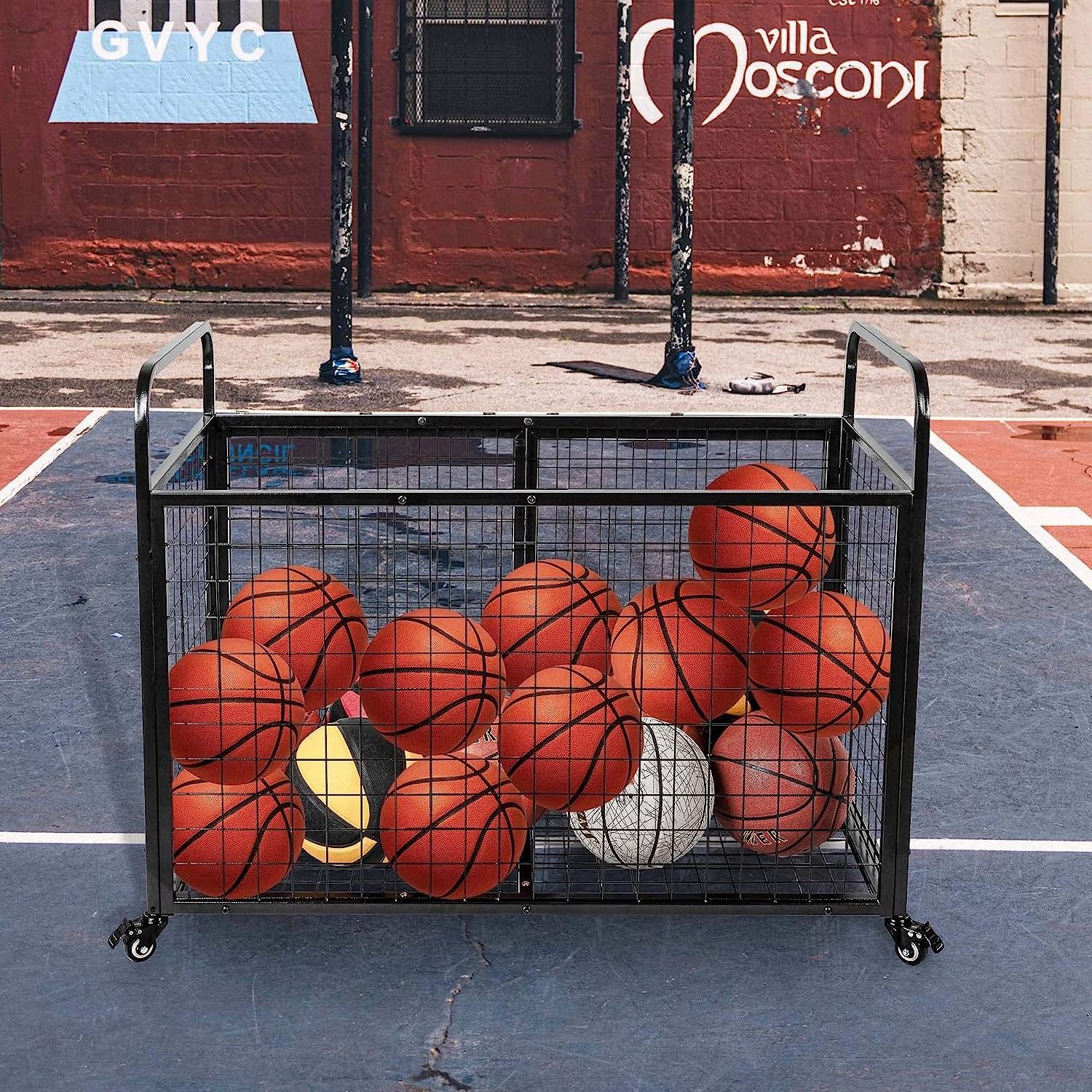 Black Metal Rolling Multi Sports Ball Cage Storage Hopper Gym Equipment Basket Cart Box Basketball Wall Storage Rack