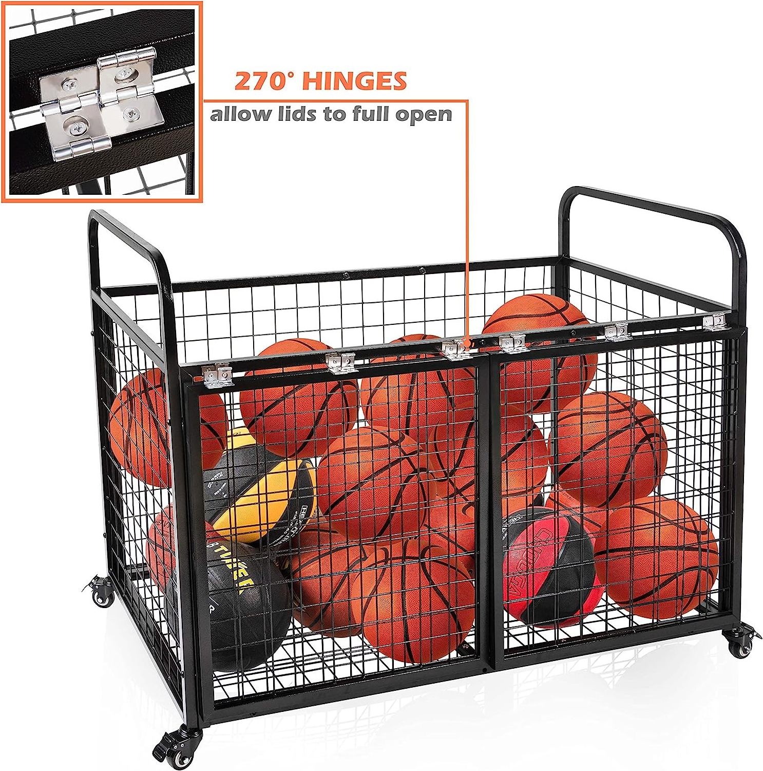 Black Metal Rolling Multi Sports Ball Cage Storage Hopper Gym Equipment Basket Cart Box Basketball Wall Storage Rack