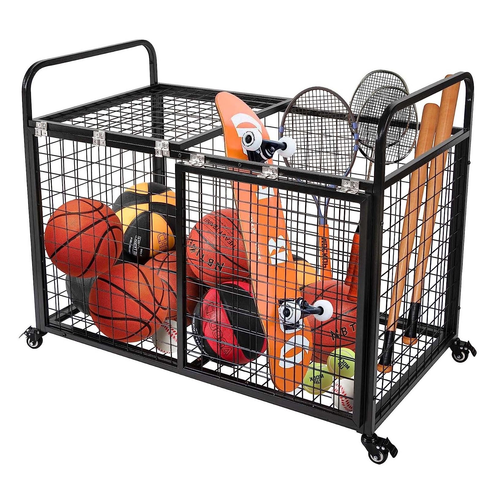 Black Metal Rolling Multi Sports Ball Cage Storage Hopper Gym Equipment Basket Cart Box Basketball Wall Storage Rack