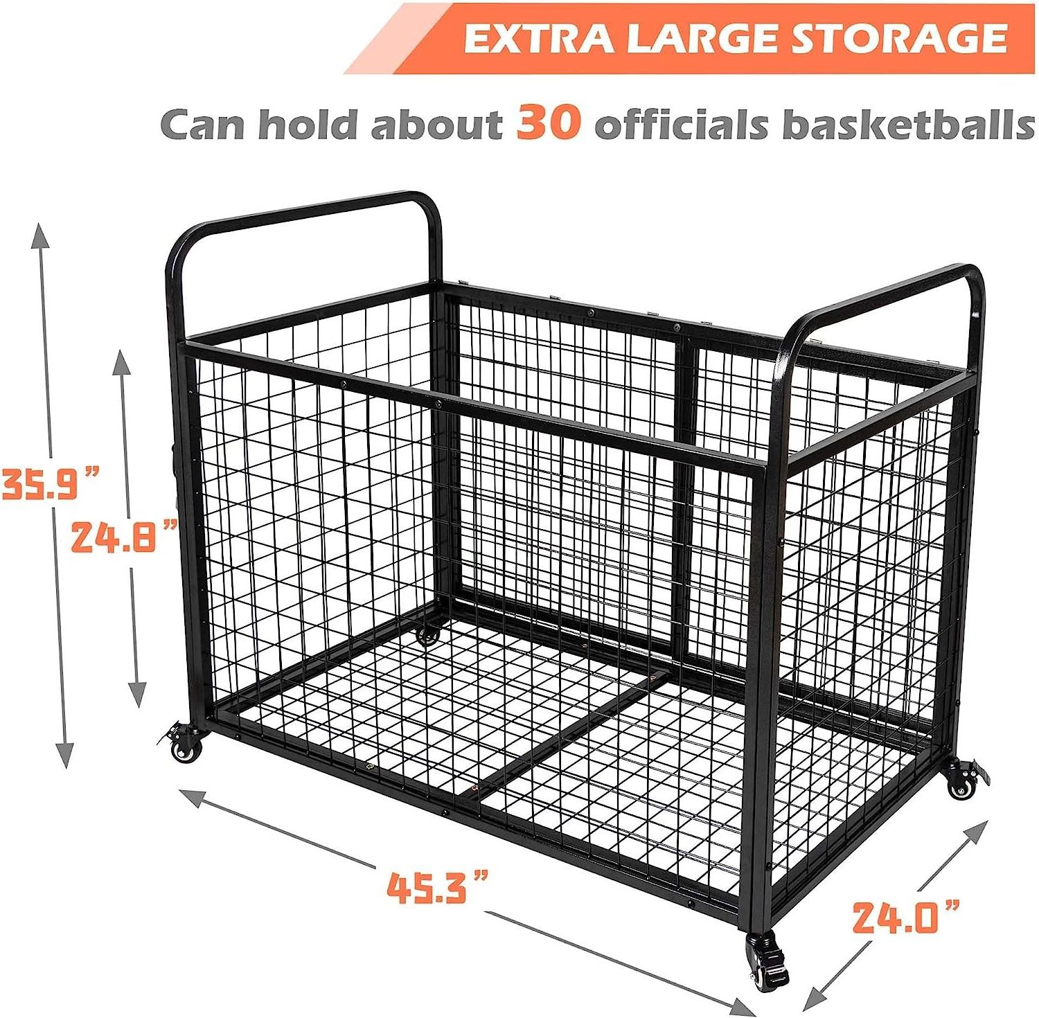 Black Metal Rolling Multi Sports Ball Cage Storage Hopper Gym Equipment Basket Cart Box Basketball Wall Storage Rack