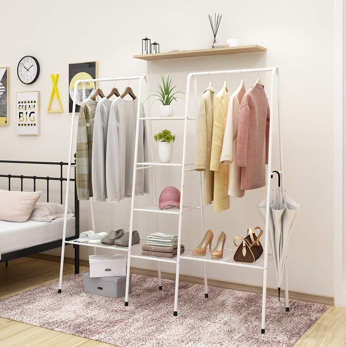 White Clothing Rack For Store With 4 Tiers 6 Shelf Shoe Rack 2 Top Crossbars Overhead Bar For Storage