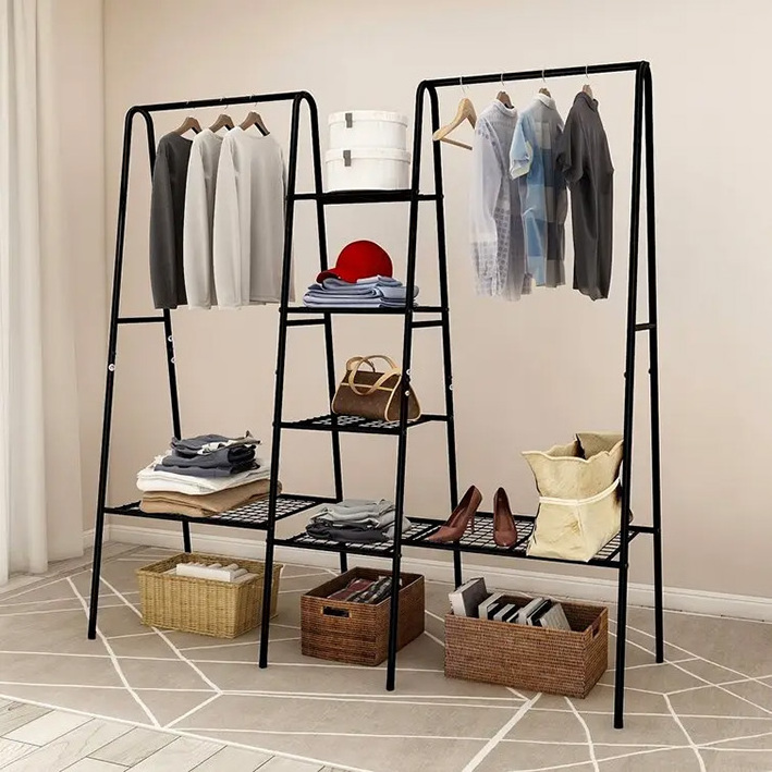 White Clothing Rack For Store With 4 Tiers 6 Shelf Shoe Rack 2 Top Crossbars Overhead Bar For Storage