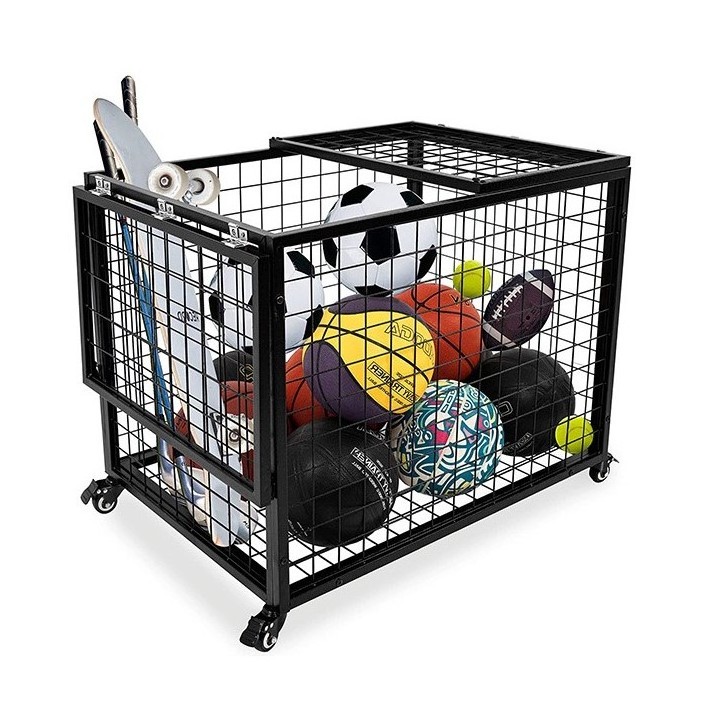 Indoor Or Outdoor Use Black Rolling Sports Balls Equipment Cart Holder For Garage Ball Organizer Basketball Rack On Wheels