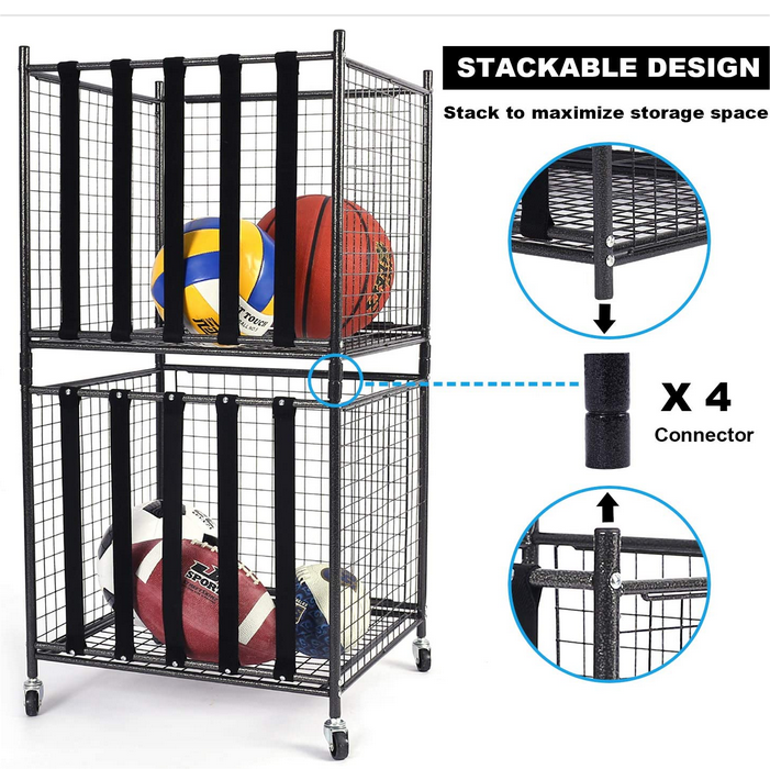 Metal Rolling Sports Equipment Storage Bin Holder Rack Organizer Ball Storage Basket For Kinds Balls