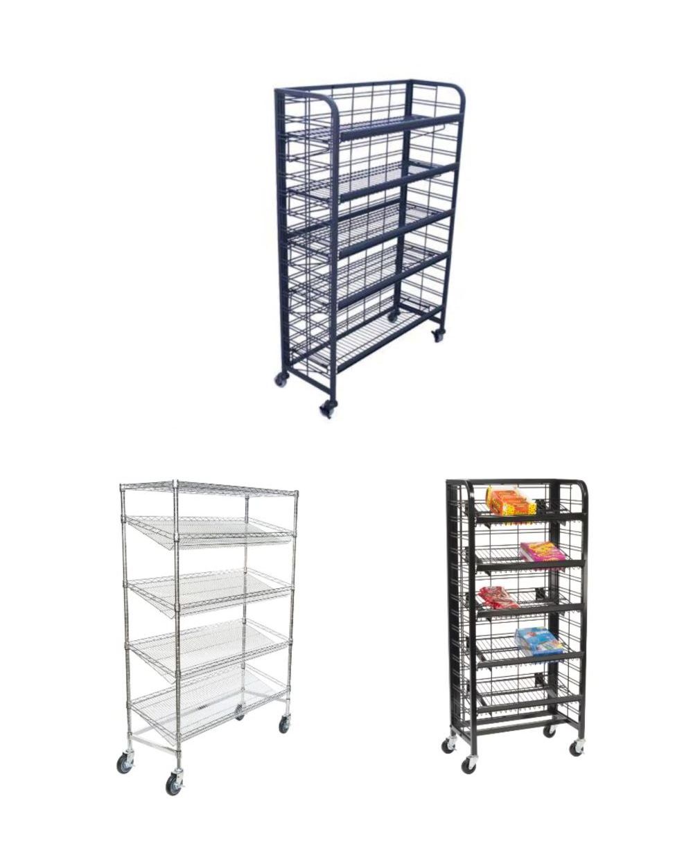 Assemble & Adjust Easily Customized Metal Mesh Basket Wheeled Labeled Beef Jerky Wire Rack Snack Display Shelf