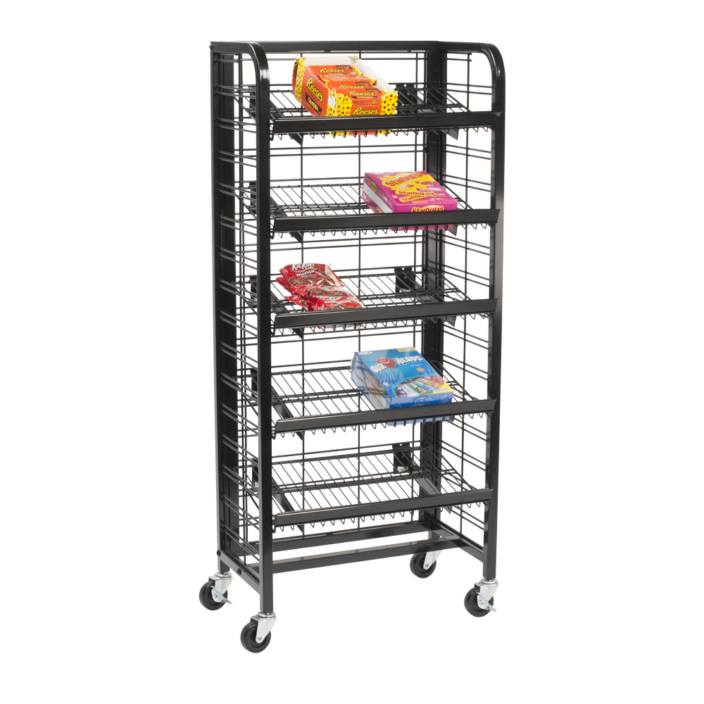 Assemble & Adjust Easily Customized Metal Mesh Basket Wheeled Labeled Beef Jerky Wire Rack Snack Display Shelf