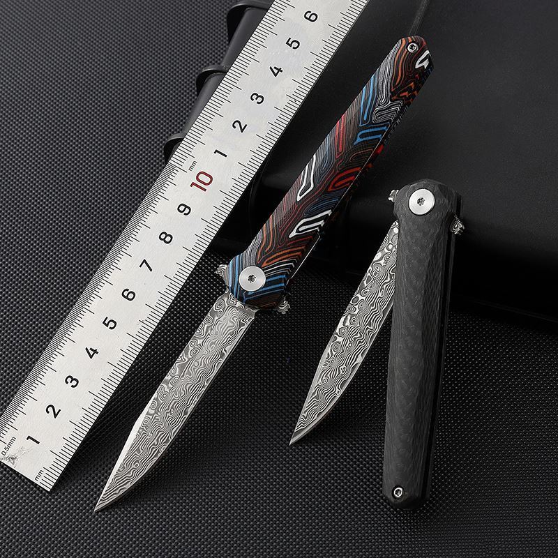 Damascus Steel Pocket Folding Colorful G10/Carbon Fiber Handle Edc Tool Knife For Outdoor Camping Hiking Fishing