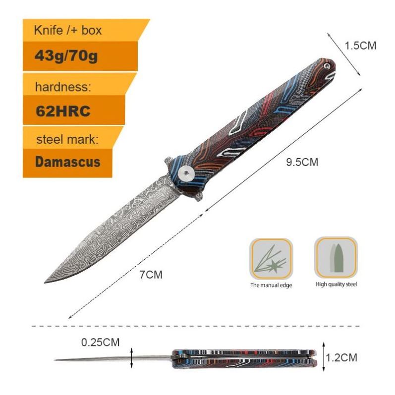 Damascus Steel Pocket Folding Colorful G10/Carbon Fiber Handle Edc Tool Knife For Outdoor Camping Hiking Fishing