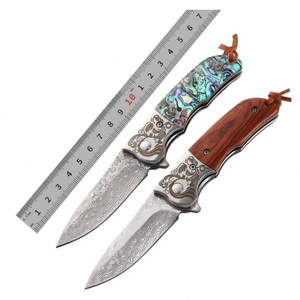 6.7" Rose Wood Resin Handle Damascus Outdoor Camping Hunting Folding Pocket Knife With Belt Clip And Sheath Tools