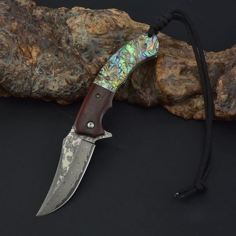 Hot Wood Acrylic Handle Handmade Damascus Folding Knife Pakistan In Leather Bag