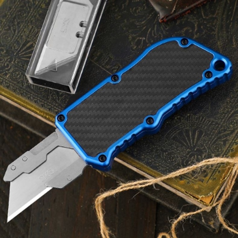 Pocket EDC Aluminum Alloy Shell Double Action 5 Extra Blades Automatic Razor Knife OTF Box Cutter Tools