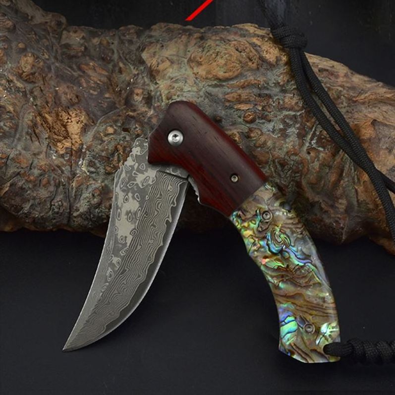 Hot Wood Acrylic Handle Handmade Damascus Folding Knife Pakistan In Leather Bag