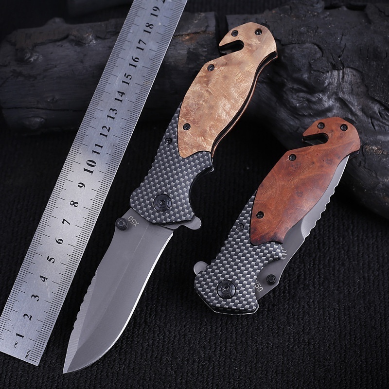 Wooden Handle Outdoor Defense Knife Wilderness Survival Folding Knife Sharp Multifunctional Fruit Knife X50