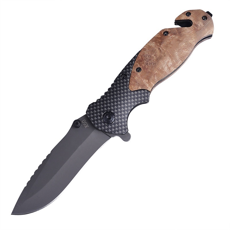 Wooden Handle Outdoor Defense Knife Wilderness Survival Folding Knife Sharp Multifunctional Fruit Knife X50