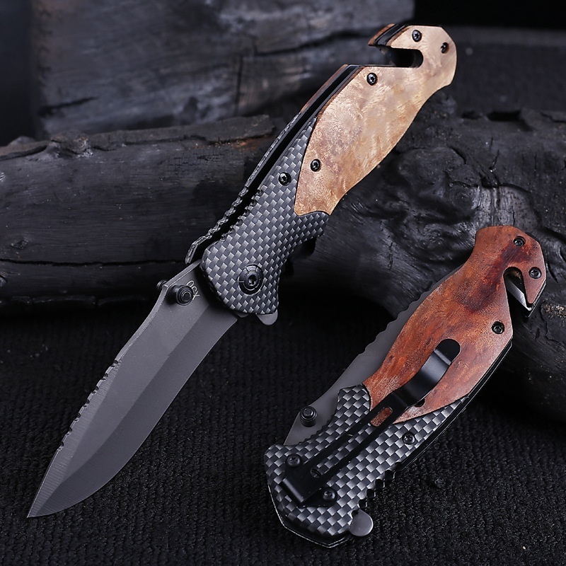 Wooden Handle Outdoor Defense Knife Wilderness Survival Folding Knife Sharp Multifunctional Fruit Knife X50