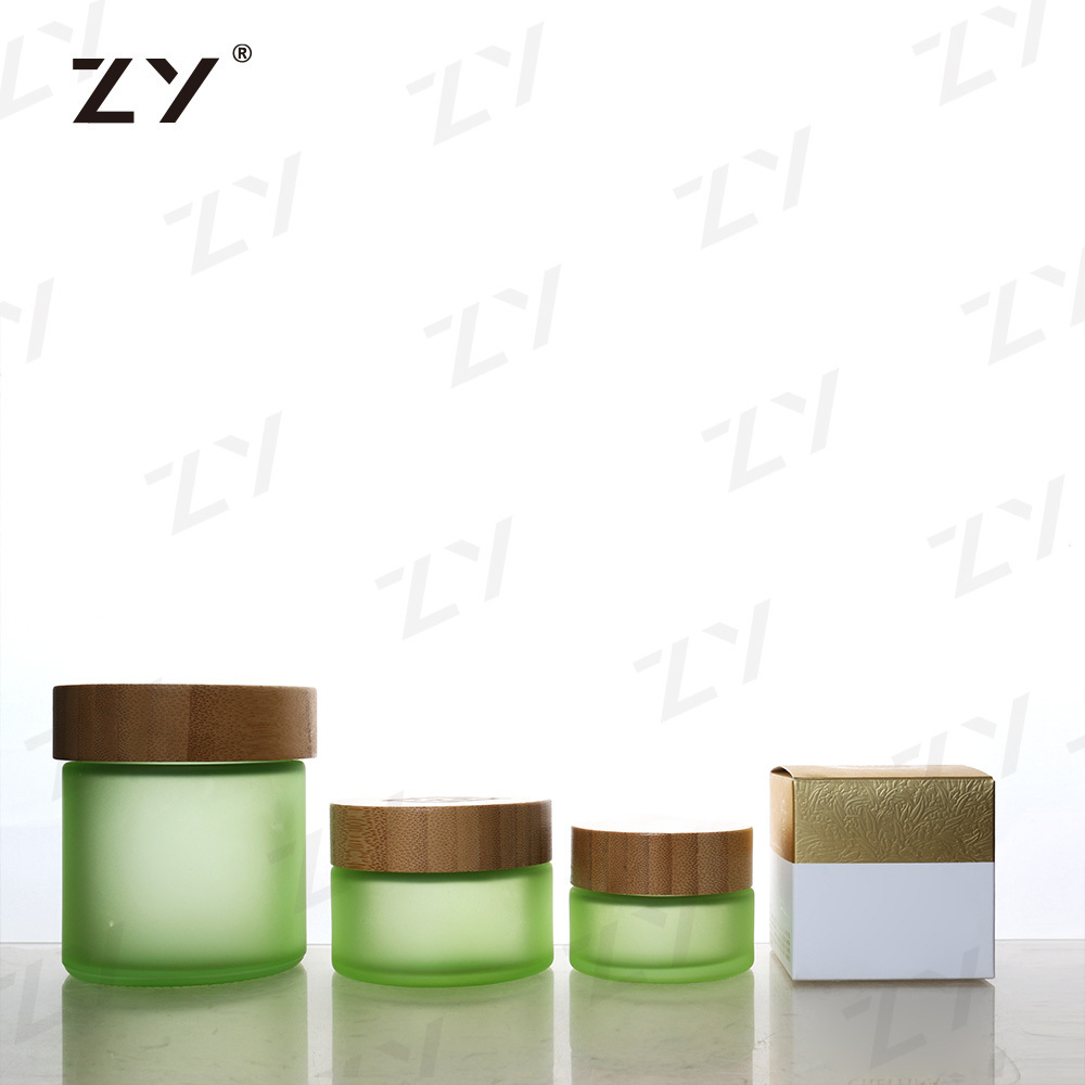 empty custom 2oz 10g 30ml 50ml 100ml Green round Bamboo Body Butters cream cosmetic container frosted Glass Jars With Lid