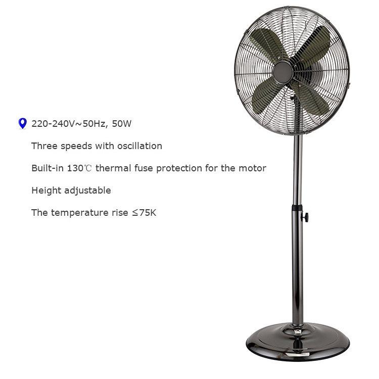 Cheapest price 3 speeds 220v silver electric high speed retro home industrial metal blade standing16inch pedestal fan