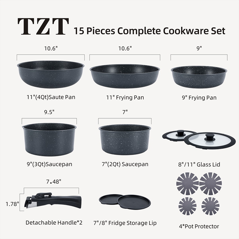 Home Kitchen Cookware Non-Stick Aluminum Pan and Pot Set with Detachable Handle Granite Material