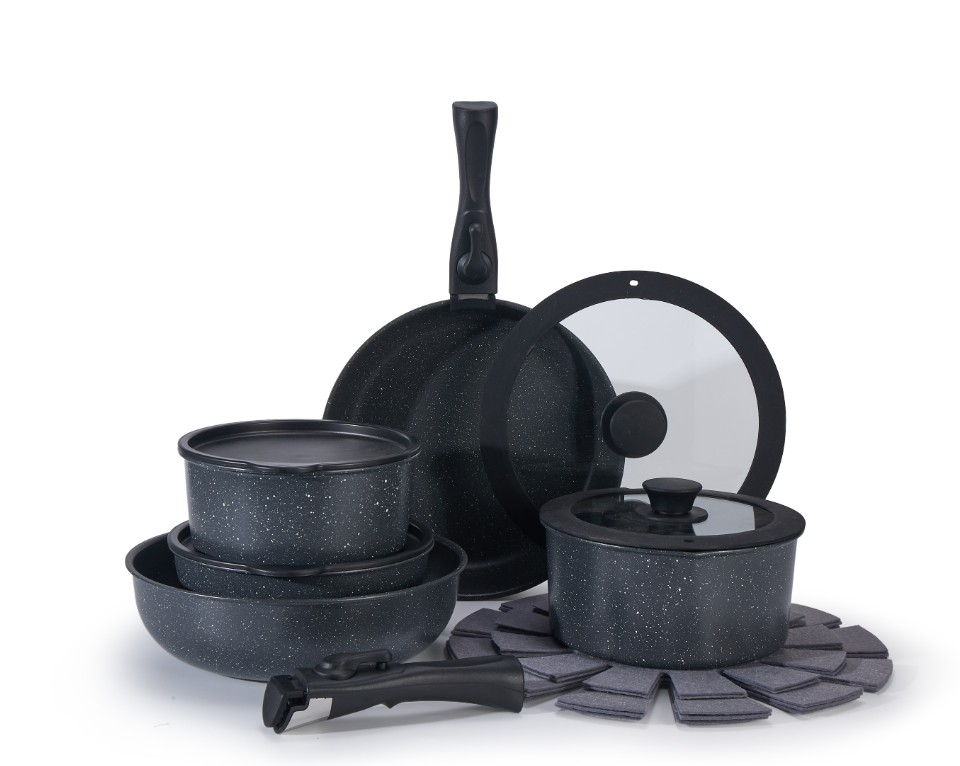 Home Kitchen Cookware Non-Stick Aluminum Pan and Pot Set with Detachable Handle Granite Material