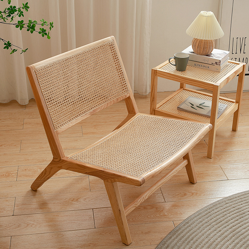 Low-profile Solid Wood Patio Beach Living Room Armchair Natural Cane Woven Lounge Chair