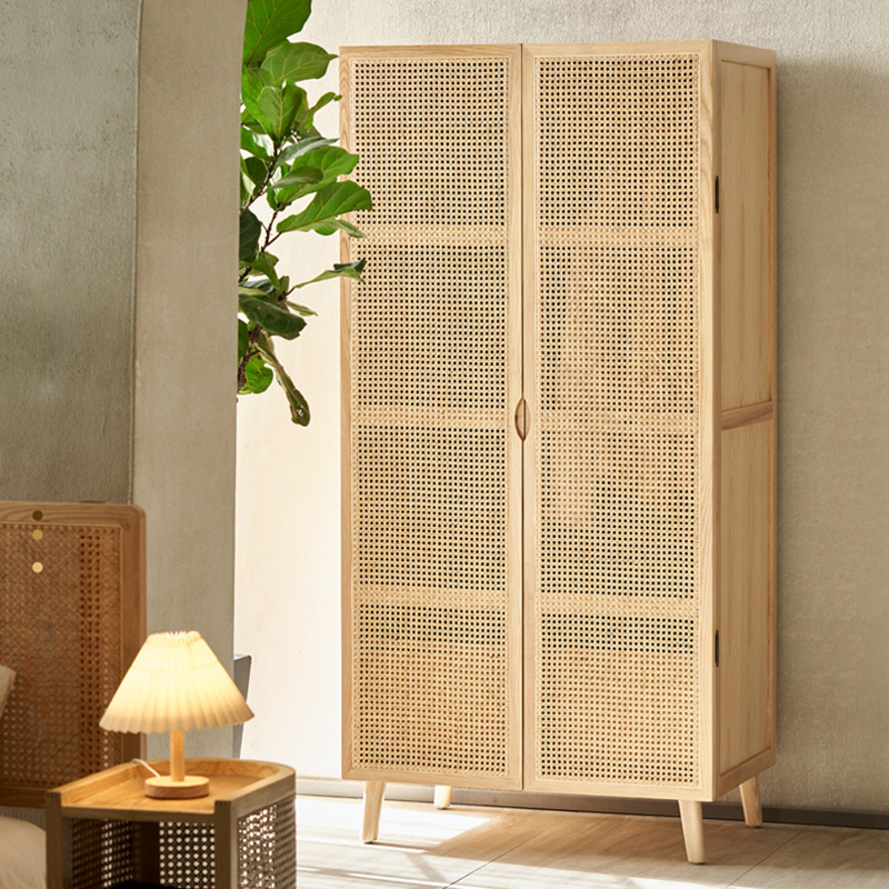 Wabi-sabi Home Rattan Bedroom Furniture Multiple Solid Wooden Wardrobe Closet 2 Doors Clothes Storage Wardrobe