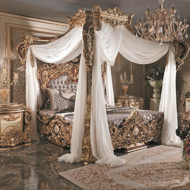 Luxury French Rococo Wood Carved Marquetry Canopy Bed Royal Four Poster King Size Bed Fancy European Bedroom Furniture