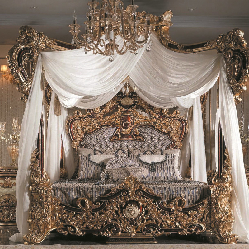 Luxury French Rococo Wood Carved Marquetry Canopy Bed Royal Four Poster King Size Bed Fancy European Bedroom Furniture